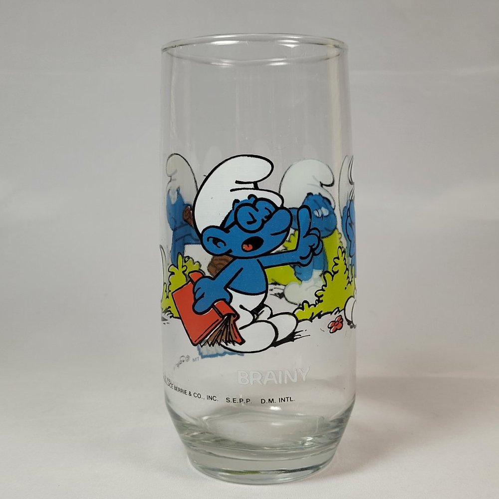 Brainy Smurf Tumbler 1982 Vintage PEYO 6" Drinking Glass